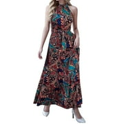 AYA Women's Sleeveless Halter Neck Vintage Floral Print Maxi Dress