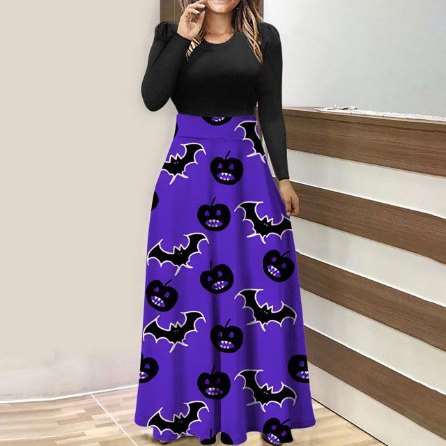 AYA Womens Halloween Solid Color Round Neck Long Sleeve Spliced Long