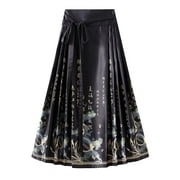 AYA Womens High Waisted Skirt Chiffon Boho Printed Vintage Hanfu Swing A-Line Maxi Skirts
