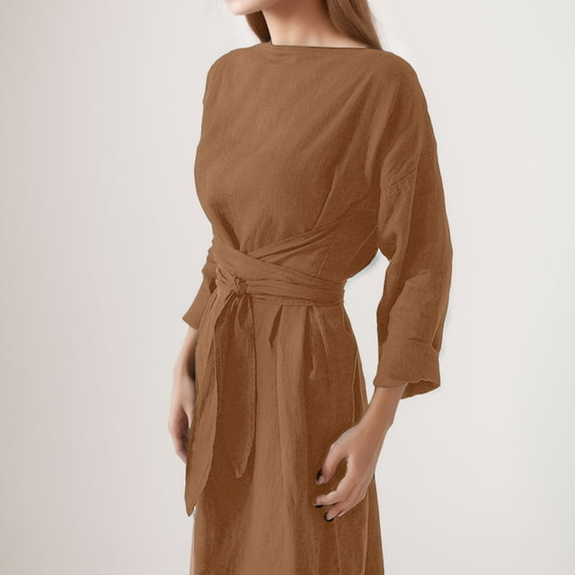 AYA Womens Long Sleeve Loose Waist Lace Up Dress - Walmart.com