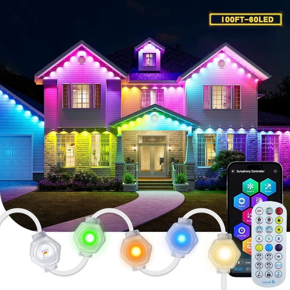 AYAMAYA 100FT Smart Permanent Outdoor Lights with 60 LED, Waterproof Eaves Light with Remote & APP Control for House Holiday Party Decor