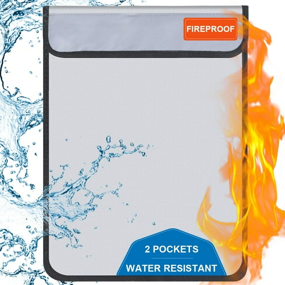 AYAMAYA 15"x 11" Large Fireproof Document Bag with 2 Pockets, Waterproof Fireproof Safe Cash Money Bag Pouch for Important Paper Jewelry Tablet, Gray