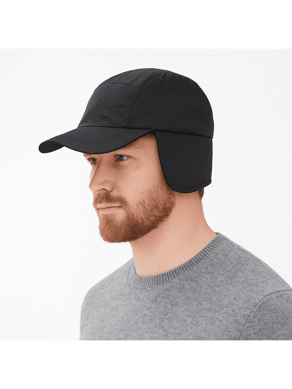 1PACK Waterproof Winter Hat for Men Women, Fleece Thermal Baseball Cap with Visor & Earflaps for Outdoor Cold Weather, Black