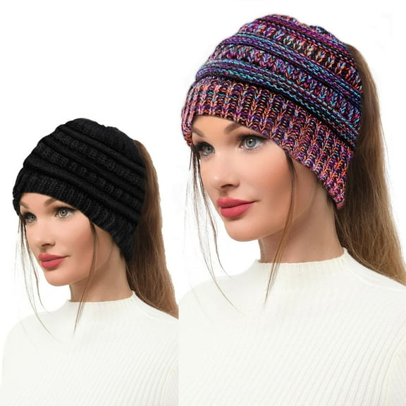 AYAMAYA 2Pack Beanie Hat with Ponytail Hole, Winter Warm Messy Bun Winter Hat with Tail Hole Knit Skull Beanie for Women (Black Multi-color)