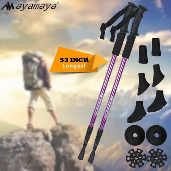AYAMAYA 2Pack Collapsible Trekking Hiking Poles, Adjustable Durable Aluminum Walking Sticks for Hiking with Comfy Grip (25.6-53in Purple)