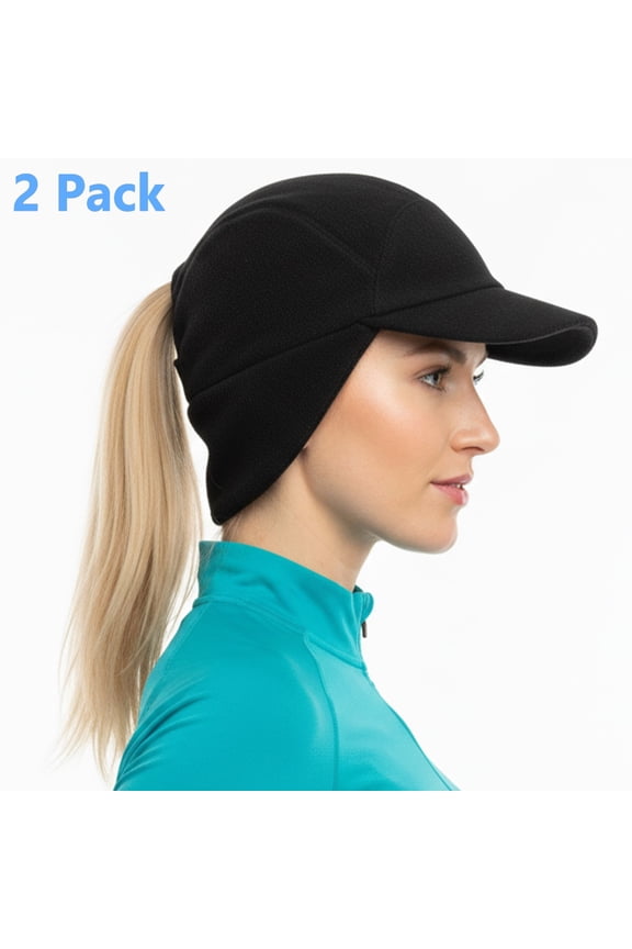 2Pack Women's Fleece Ponytail Hat with Drop Down Earflap, Stretchy Warm Winter Hat with Ponytail Hole for Running Hiking, Black