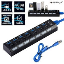 AYAMAYA 7-Port USB 3.0 High Speed Extension Charger Adapter with On/Off Switch & LED Light for PC/Laptop/PS4/Slim/Pro Hub