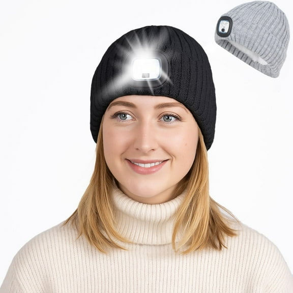 AYAMAYA Beanie with Light, USB Rechargeable Hand Free Warm Knitted Hat with Light Winter Gifts for Men and Women, Black