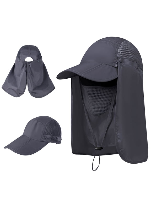 Foldable Fishing Hat, Wide Brim Sun Hat with Removable Sun Face Shield & Neck Flap Cover UV Protection Cap for Hiking Gardening, Gray