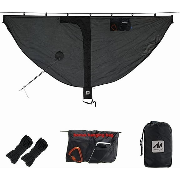 AYAMAYA Hammock Bug Net 11.5x5 ft, Ultralight Backpacking Outdoor Protection Guardian Camping Hammock, Wide Room No-See-Um Breathable Mesh Netting Equip with Hanging Bag & Lantern Hook