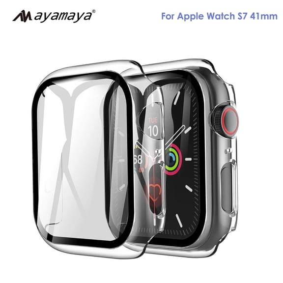 AYAMAYA Hard PC Case Compatible with Apple Watch Series 7 41mm, Ultra-Thin Tempered Glass Screen Protector for iWatch S7 41mm
