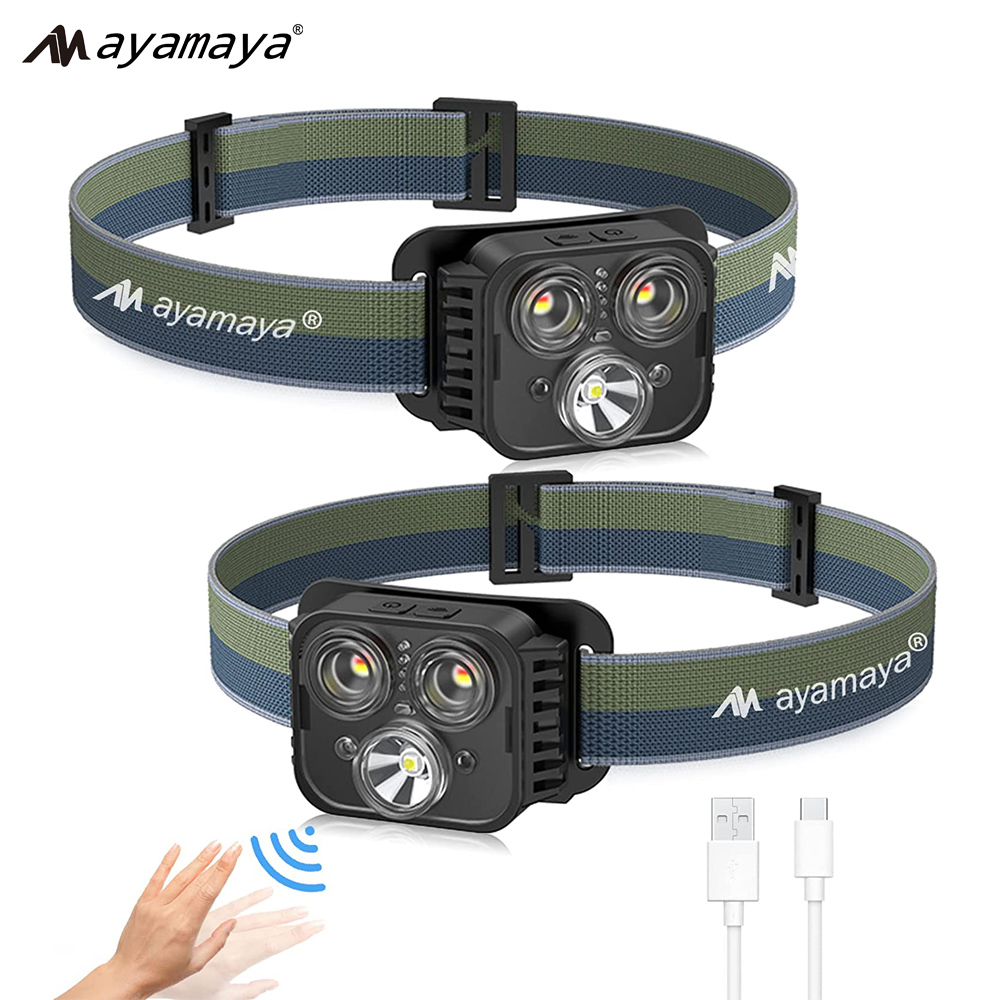 "AYAMAYA LED Headlamp USB Type-A Rechargeable, 500 Lumen Bright Motion Sensor Head lamp Flashlight with Red Light,6 Modes Waterproof Headlight [2 PACK]"