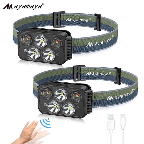 "AYAMAYA LED Headlamp USB Type-A Rechargeable, 500 Lumen Bright Motion Sensor Head lamps Flashlight with Red Light,6 Modes Waterproof Headlight [2 PACK]"