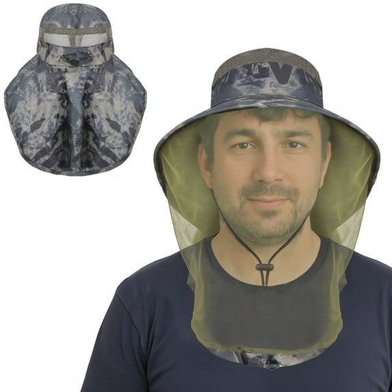 AYAMAYA Mosquito Heat Net Sun Hat with Neck Flap, UPF 50+ Wide Brim Safari Bucket Cap for Outdoor Fishing Hiking Camping Gardening, Camouflage Green