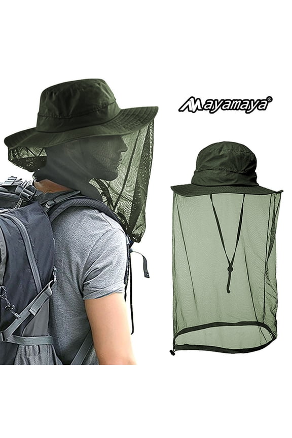 Net Hat with Neck Face Cover, Anti Mosquito Fishing Hat with Removable Mesh, Sun Hats for Hiking, Backpacking, Camping, Men and Women (Army Green)