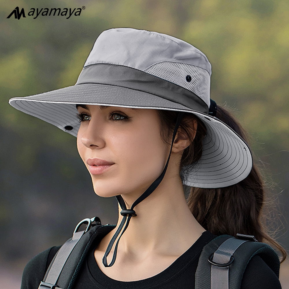 AYAMAYA Ponytail Mesh Sun Hats with Wide Brim, Waterproof UV Protection