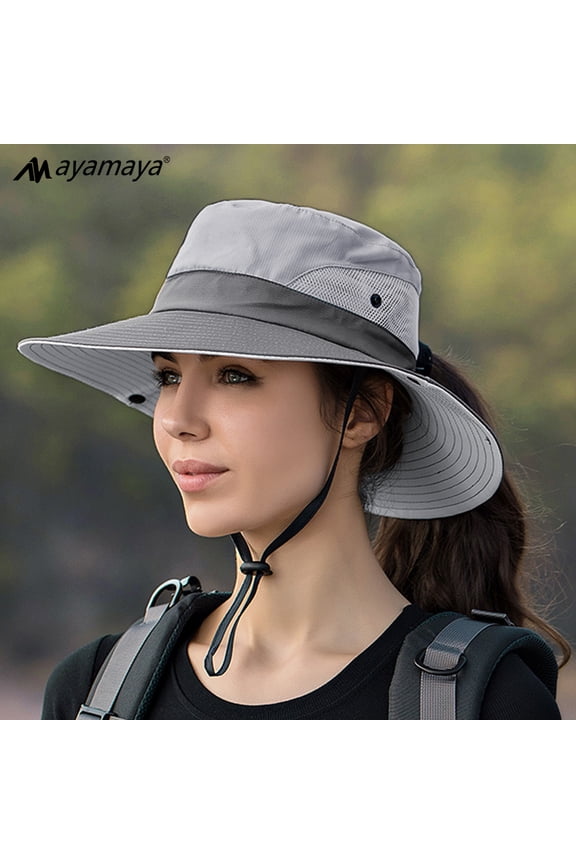 Ponytail Mesh Sun Hats with Wide Brim, Waterproof UV Protection Summer Fishing Hat, Outdoor Foldable Bucket Hat, Safari Beach Hat(Gray)