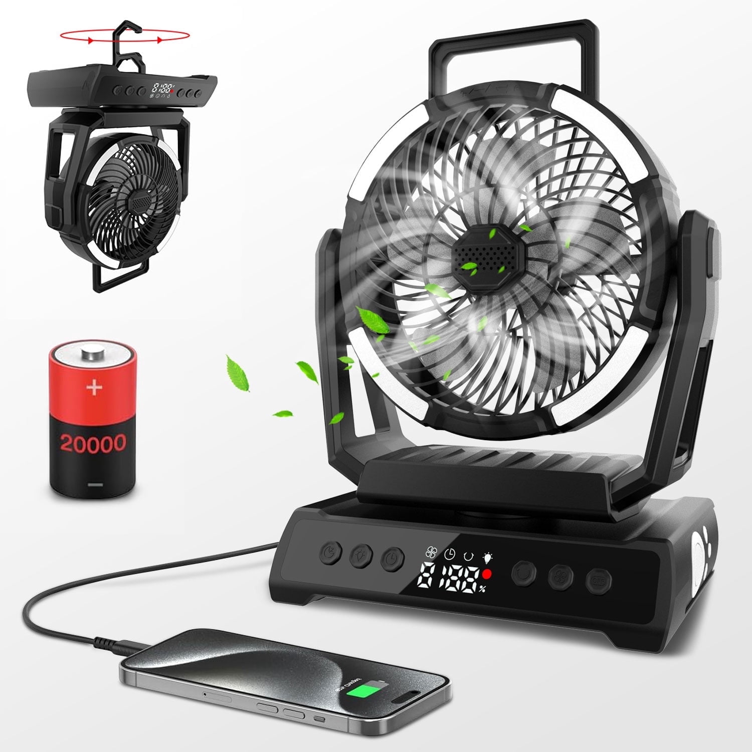 AYAMAYA Rechargeable Camping Fan, 20000mAh Cordless Battery Powered Desk Fan with LED Lantern & Hook 9 Timers USB for Tent Car Trip