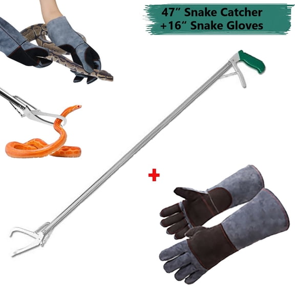 AYAMAYA Upgraded 47 inch Snake Catcher+16 inch Anti Bite Gloves, Collapsible Heavy Duty Reptile Grabber Tongs Stick Rattlesnake Handling Tool