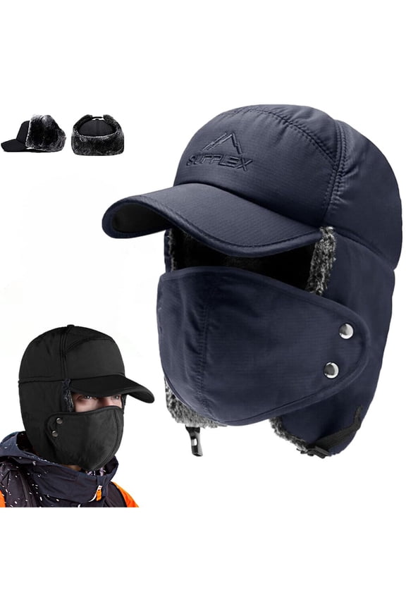 Ushanka Trapper Hat, Warm Winter Aviator Hat with Face Mask & Earflaps, Windproof Fur Baseball Cap for Men and Women, Blue