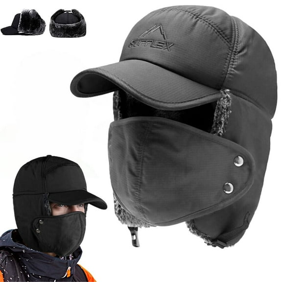 AYAMAYA Ushanka Trapper Hat, Warm Winter Aviator Hat with Face Mask & Earflaps, Windproof Fur Baseball Cap for Men and Women, Gray