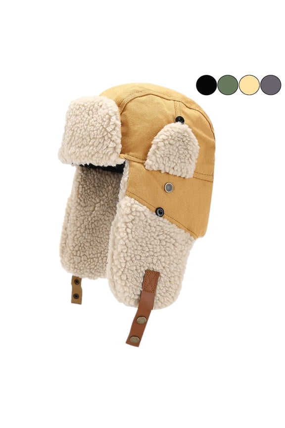 Winter Hats for Men Women, Windproof Trapper Ushanka Hat with Ear Flaps, Russian Pilot Aviator Cap for Outdoor Warm, Yellow