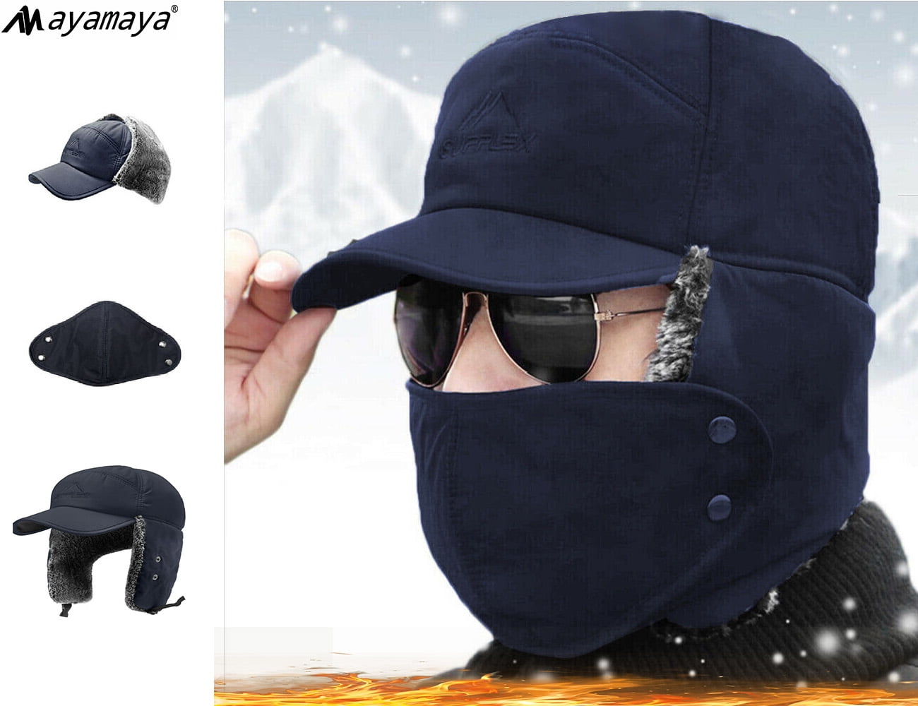 Windproof Faux Fur Ushanka Russian Hat Men Women Hunting Trapper Hats Earflap 2 In 1 Thermal Cap With Earmuffs Cashmere Lined Coldproof Warmer Hats