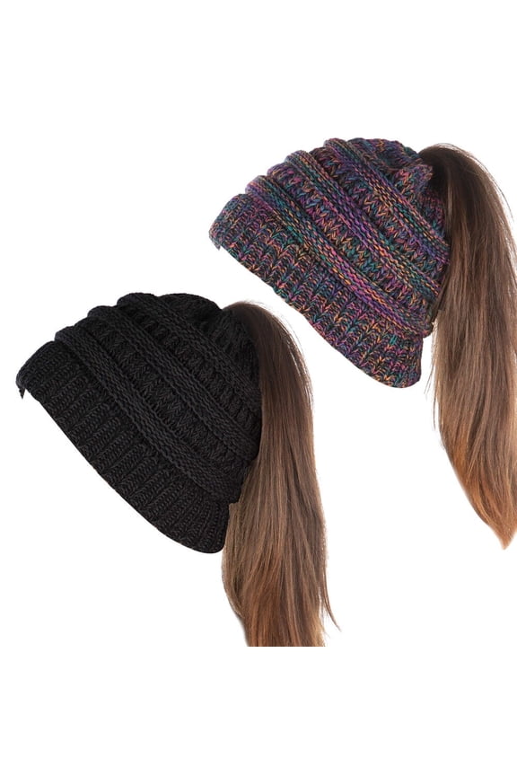 Women Beanie Hat High Bun Ponytail Stretchy Knit Beanie Skull Winter Cable Knitted Hat - Black