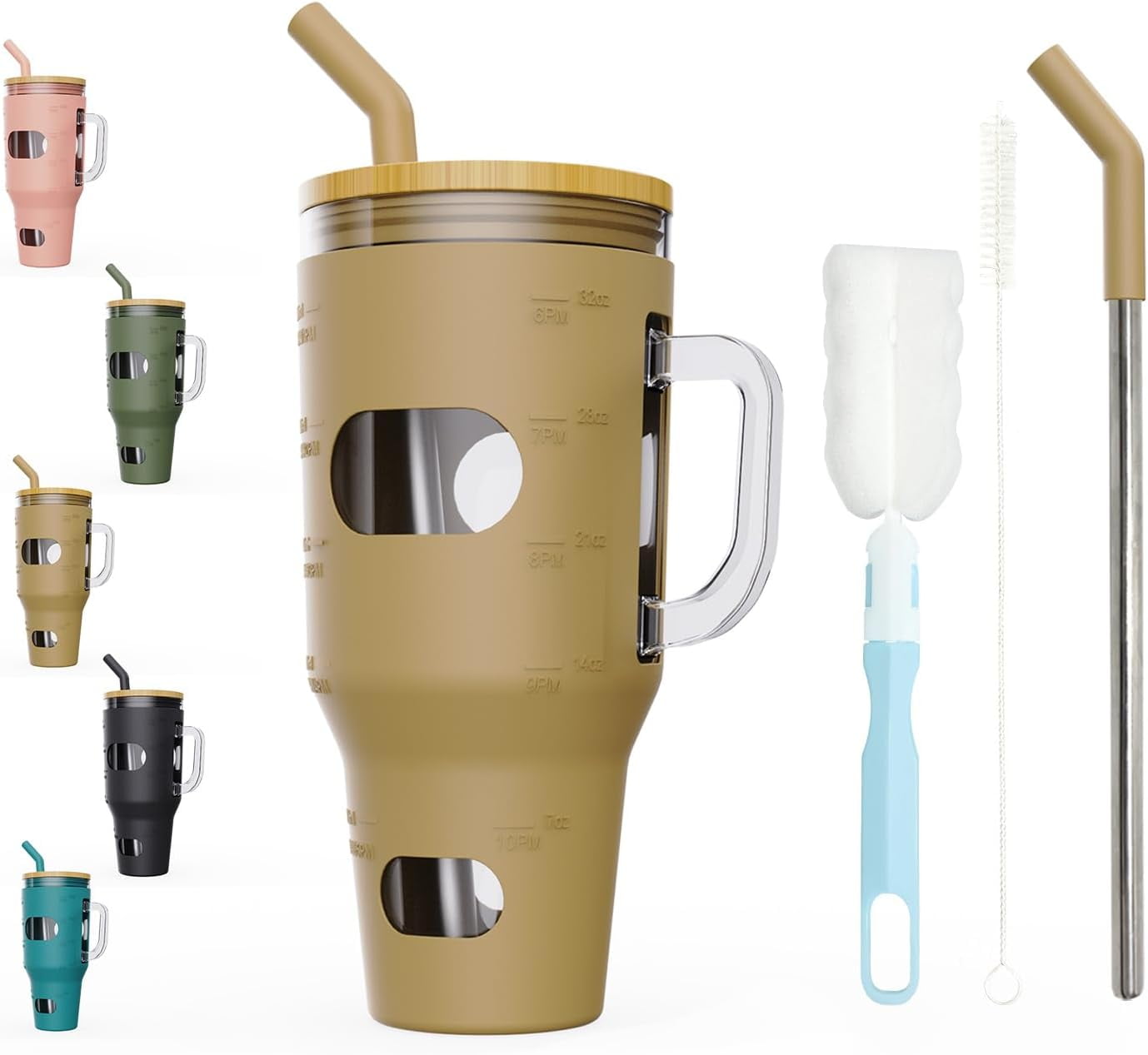 AYAOQIANG 32 Oz Tumbler with Lid and Straw, Glass Water Bottle with Handle, Glass Cup with Time Marker and Sleeve, Fits in Cup Holder BPA Free Amber