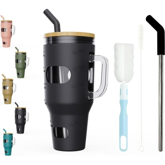 AYAOQIANG 32 Oz Tumbler with Lid and Straw, Glass Water Bottle with Handle, Glass Cup with Time Marker and Sleeve, Fits in Cup Holder BPA Free Black