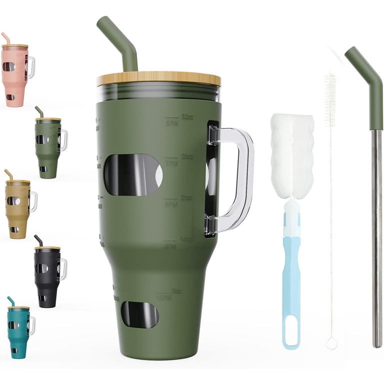 AYAOQIANG 32 Oz Tumbler with Lid and Straw, Glass Water Bottle with Handle, Glass  Cup with Time Marker and Sleeve, Fits in Cup Holder BPA Free Olive -  Walmart.com