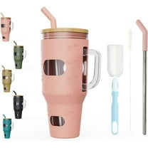 AYAOQIANG 32 Oz Tumbler with Lid and Straw, Glass Water Bottle with Handle, Glass Cup with Time Marker and Sleeve, Fits in Cup Holder BPA Free Pink