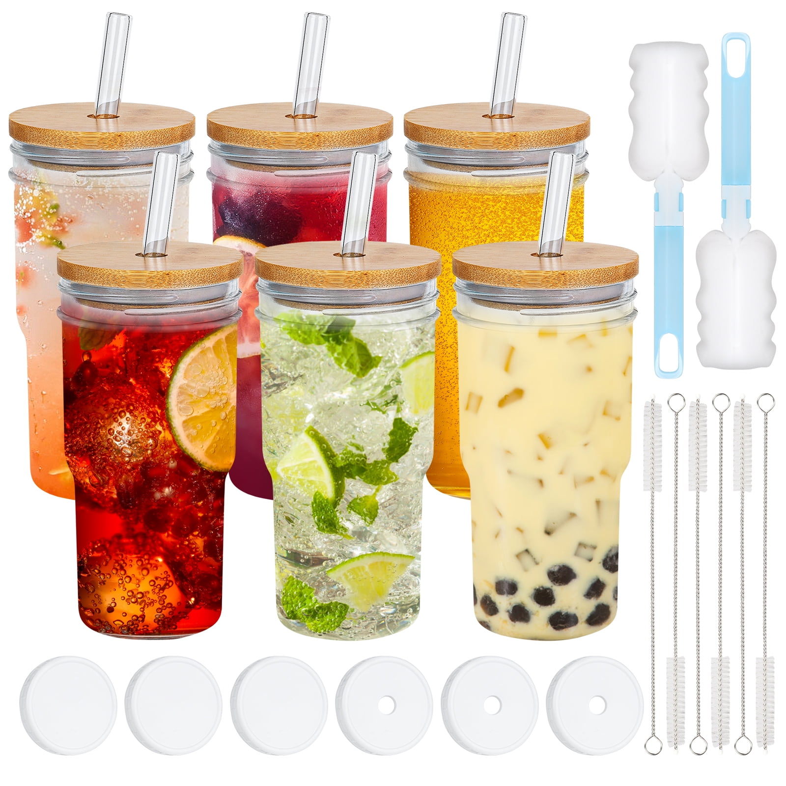 Jlong 4PCS Glass Cups with Bamboo Lids and Glass Straw - Beer Can