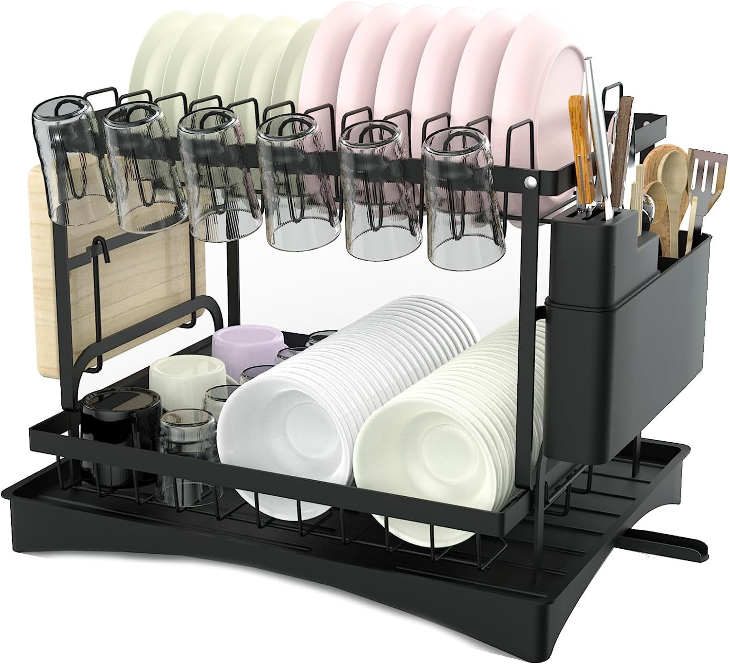 AYAOQIANG Dish Drying Rack,Sink Drainer Rack-2Tiers Plates Draining Rack Kitchen Organiser with Drip Tray Black