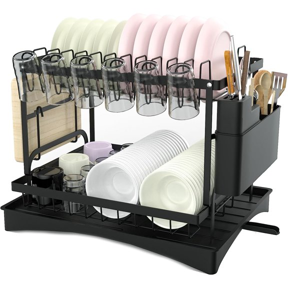 AYAOQIANG Dish Drying Rack,Sink Drainer Rack-2Tiers Plates Draining Rack Kitchen Organiser with Drip Tray Black