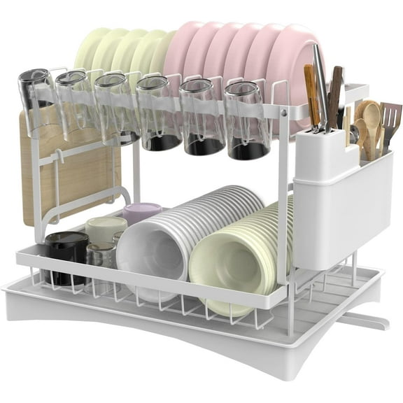 AYAOQIANG Dish Drying Rack,Sink Drainer Rack-2Tiers Plates Draining Rack Kitchen Organiser with Drip Tray White