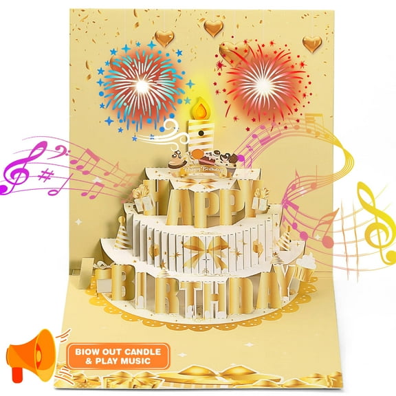 AYAOQIANG Firework Birthday Cards, Light and Music Happy Birthday Card with Blowable Birthday Cake, 3D Pop Up Birthday Gift Greeting Card