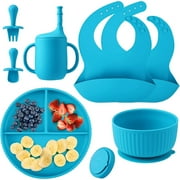 AYAOQIANG Soft Silicone Baby Feeding Set, Baby Led Weaning Set Infant Self Eating Utensil Set 7pcs Gray Blue