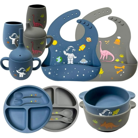 AYAOQIANG Soft Silicone Baby Feeding Set With Pattern Baby Toddler Tableware Set Baby Led Weaning Supplies Includes Adjustable Bib,Suction Bowl Suction Divided Plate Straw Cup First Stage Spoon Fork