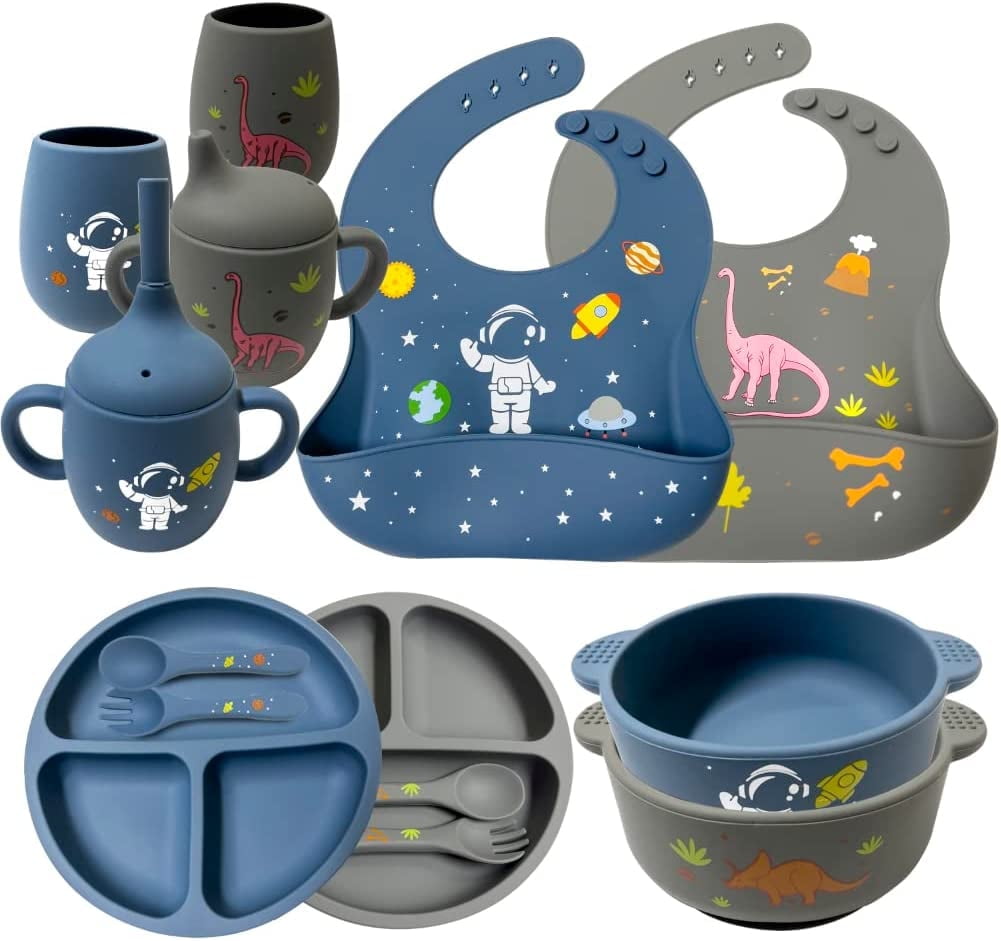 AYAOQIANG Soft Silicone Baby Feeding Set With Pattern Baby Toddler Tableware Set Baby Led Weaning Supplies Includes Adjustable Bib,Suction Bowl Suction Divided Plate Straw Cup First Stage Spoon Fork