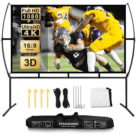 AYAOQIANG Projector Screen with Stand 100 Inch , HD 4K Double Sided Projection Screen Indoor Outdoor Projector Movies Screen for Home Theater,16:9