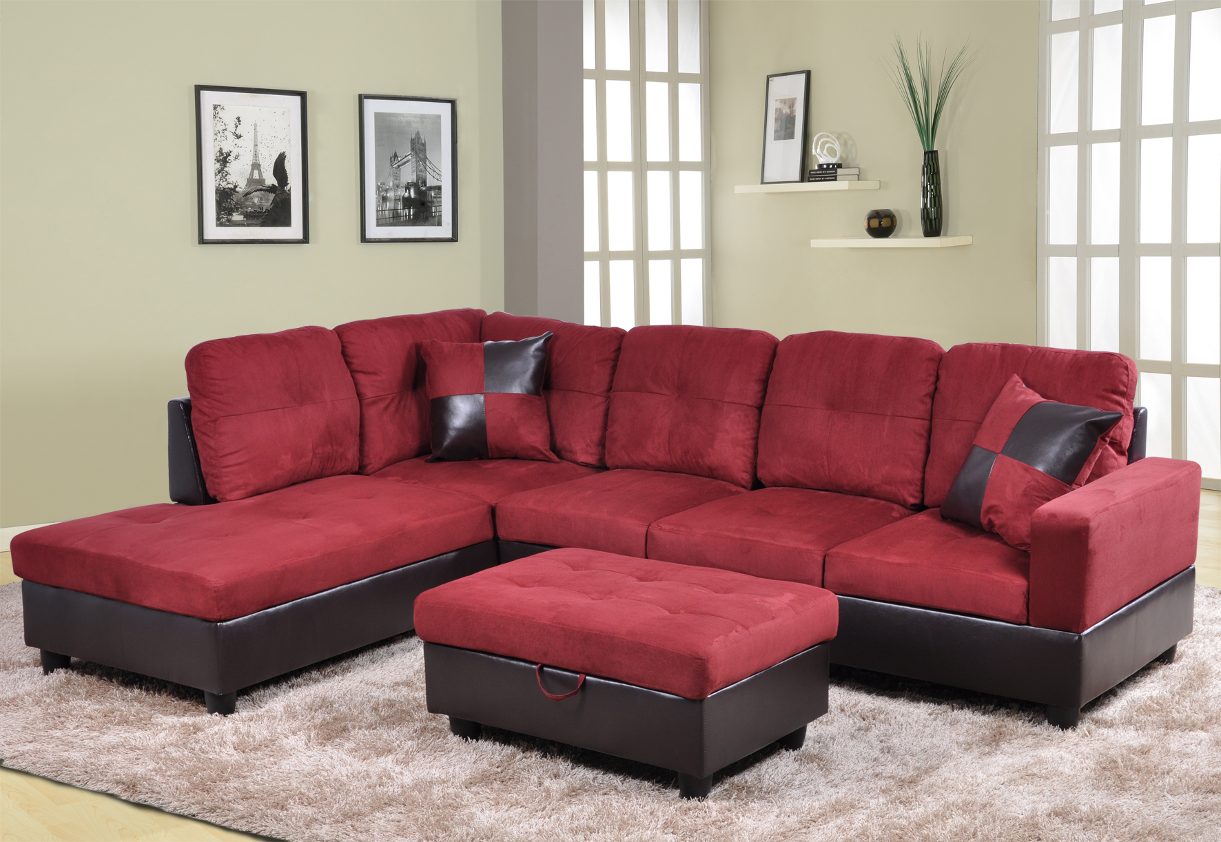 AYCP Furniture 3 Pieces L - Shape Sectional Sofa Set, Left Hand Facing Chaise, Microfiber & Faux Leather Upholstery Material, Red Color, More Colors & Styles Available - image 1 of 1