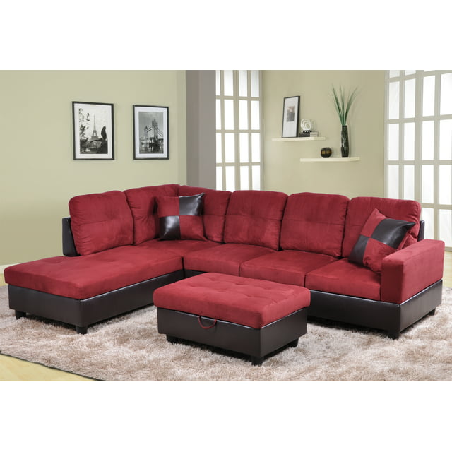 AYCP Furniture 3 Pieces L - Shape Sectional Sofa Set, Left Hand Facing Chaise, Microfiber & Faux Leather Upholstery Material, Red Color, More Colors & Styles Available