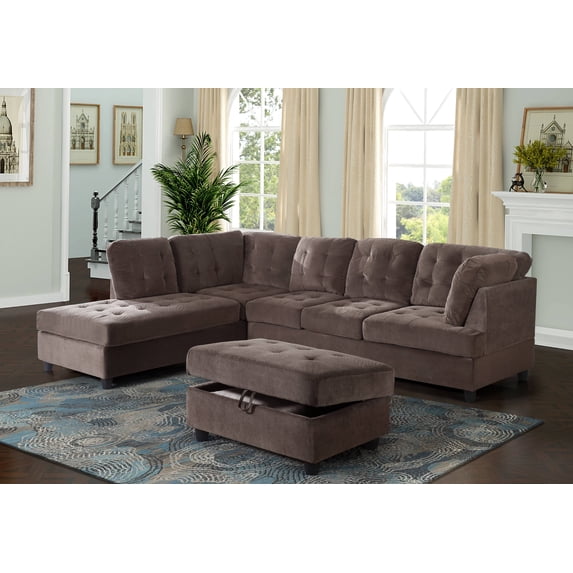 AYCP Furniture_Corduroy L Shape Sectional Sofa with Storage Ottoman, Espresso, Left Hand Facing Chaise