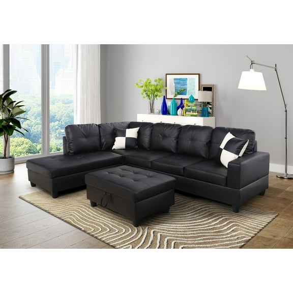 AYCP Furniture L Shape Sectional Sofa with Ottoman, Left Chaise, Black Faux Leather
