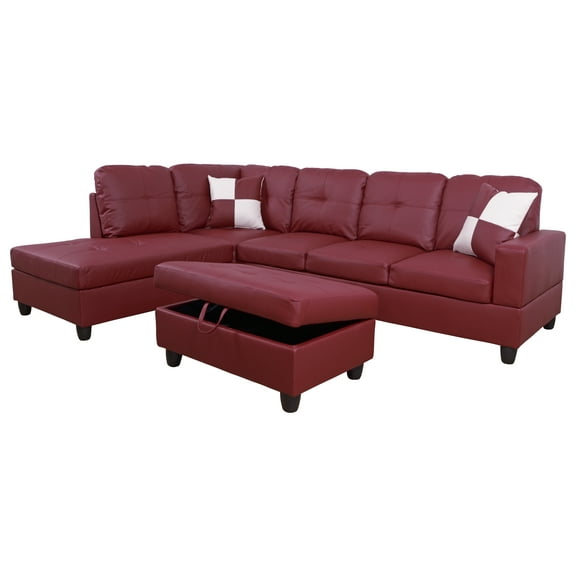 AYCP Furniture L-Shape Traditional Sectional Sofa Set with Ottoman, Left Hand Facing Chaise, Faux Leather Upholstery Material, Red Color, More Colors&Styles Available