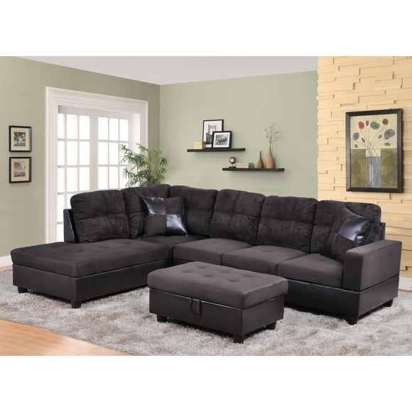 AYCP Furniture Sectional Sofa 3 Pieces L-Shape Sectional Sofa Set, Left Hand Facing Chaise, Microfiber & Faux Leather Upholstery Material, Espresso Color, More Colors & Styles Available