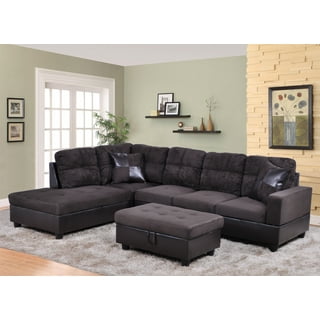 Mobilis 3 pc modern soft reversible microfiber clearance and faux leather sectional sofa with ottoman