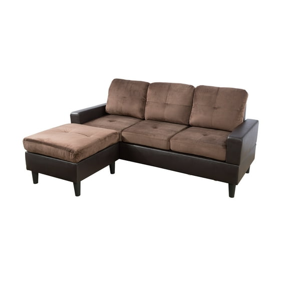 AYCP Furniture Small 3 Seats L Shape Simple Sectional Sofa Couch Set with Ottoman, Left and Right Swap, Faux Leather and Microfibr Upholstery Material, Chocolate Color, 35.8'' H x 78.4'' W x 59'' D