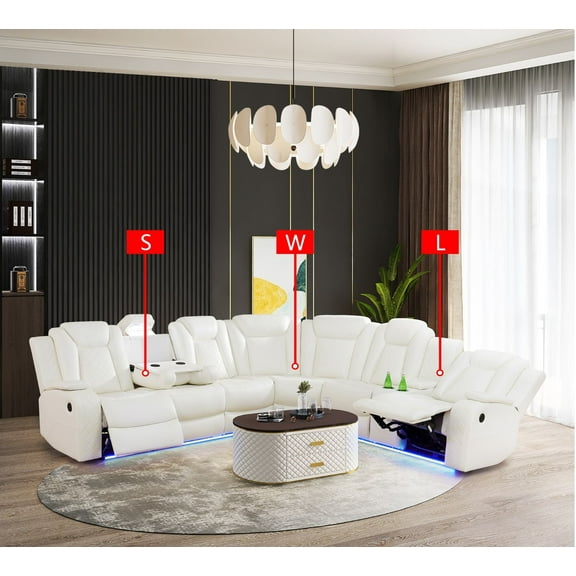 AYCP Power Recliner Sofa Sectional Couches with LED Light for Living Room,Leather Reclining Corner Sectional Sofa with 2 Recliner Seats,Cup Holder,Storage Console for Home Theater Seating, Ivory